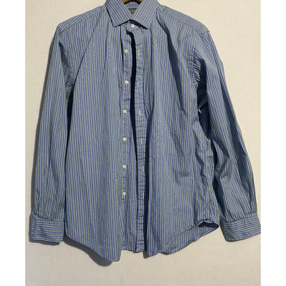 Polo By Ralph Lauren Blue Green White Striped Button Up Mens Large Formal